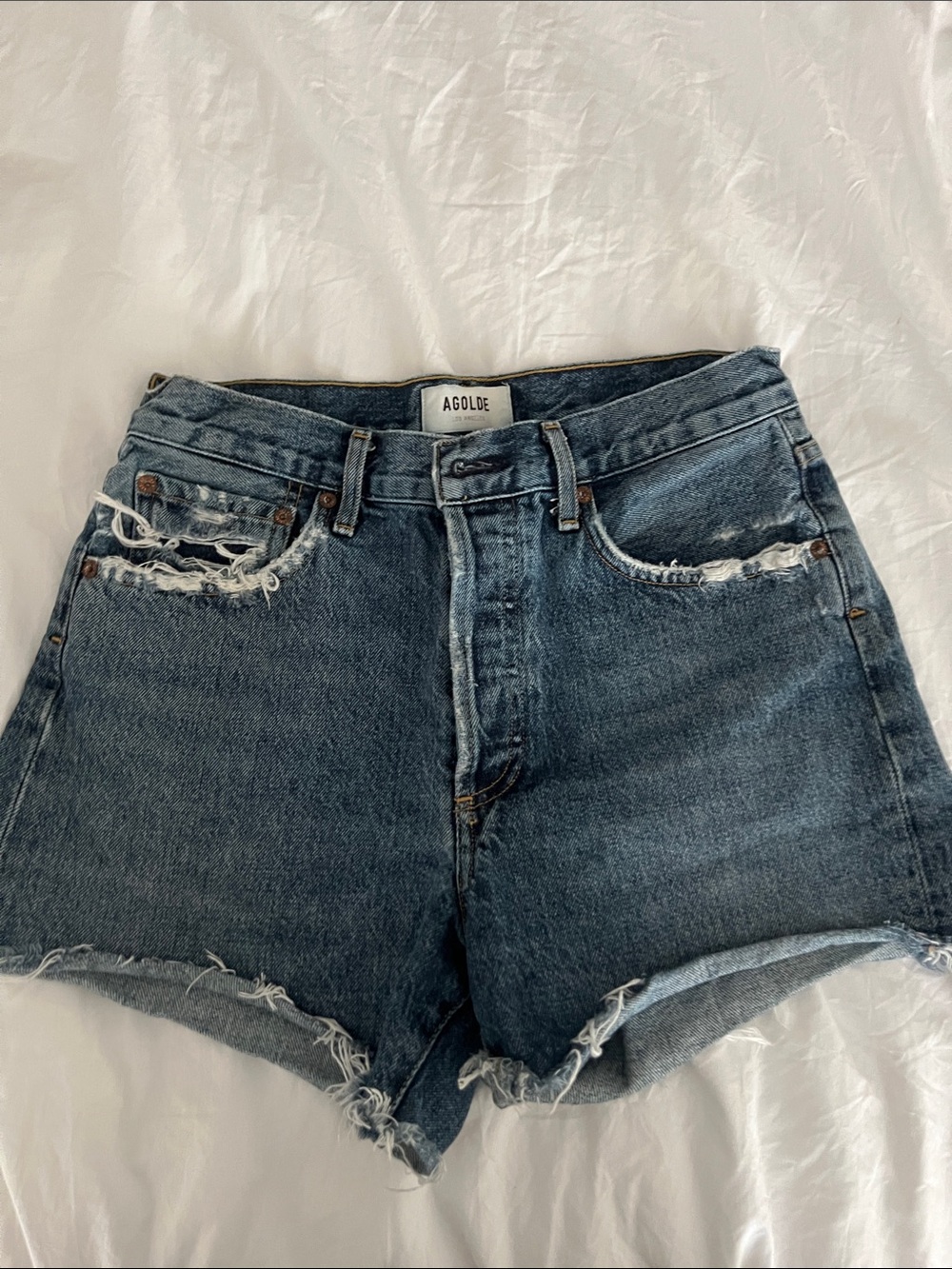 Agolde Reese Dark Blue Distressed Denim Shorts
